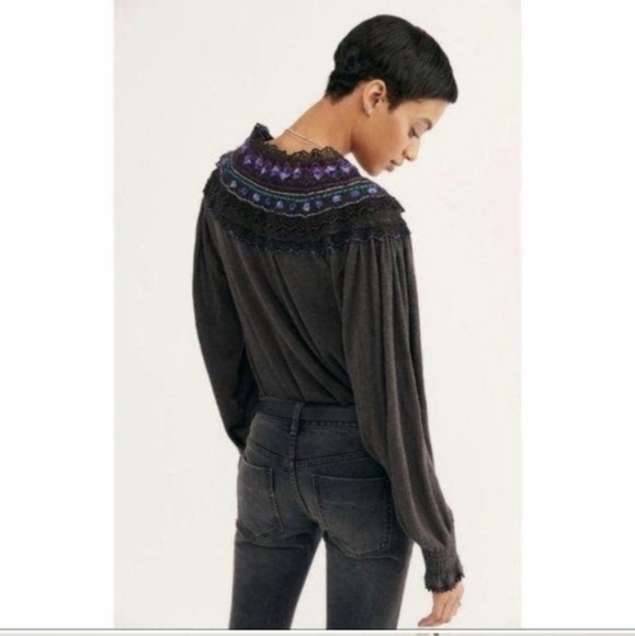 Free People Siesta Fiesta Top In Washed Black Tunic Boho Henley Popover - Picture 8 of 12